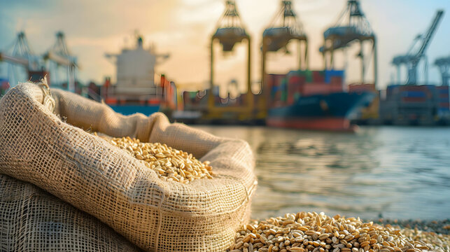 Sack of wheat on shipping port background, international wheat trading, import and export product