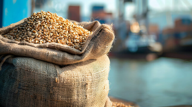 Sack of wheat on shipping port background, international wheat trading, import and export product