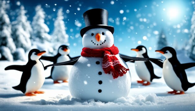 A festive snowman wearing a top hat and scarf is joyfully surrounded by playful penguins under a magical night sky, perfect for winter-themed imagery.