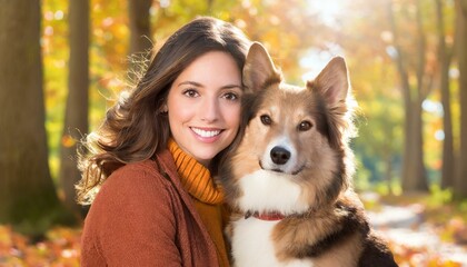 Portrait picture of a woman and her dog in autumn