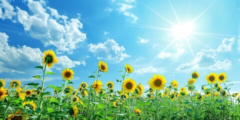 Fototapeta na wymiar Sunflower field, bright sun in sky, cheerful vibe for summer frame