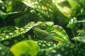 Macro shot, green chameleon blending perfectly with vibrant leaves, showcasing natures art of camouflage