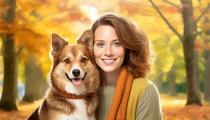 Portrait picture of a woman and her dog in autumn