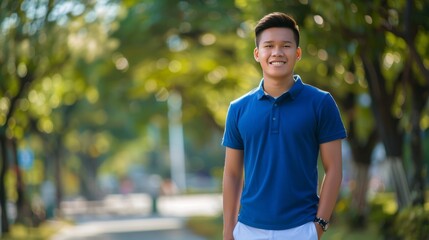 A young man in a blue polo shirt is smiling and standing in a park
