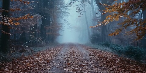 Misty forest path, fallen leaves, mysterious ambiance for autumn banner 