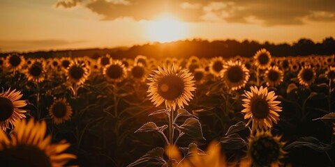 Sunflower field, late bloomers against setting sun, farewell summer banner  - obrazy, fototapety, plakaty