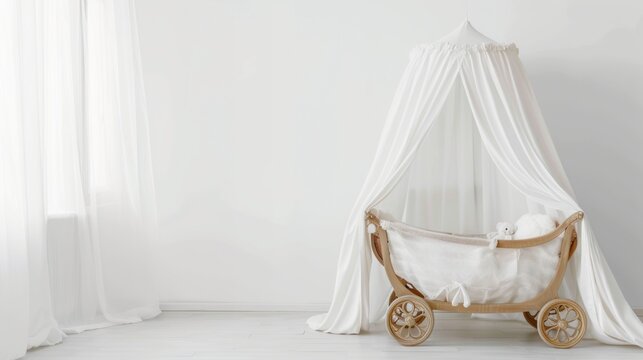 A white crib with a canopy and a stuffed animal inside