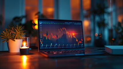 Modern office ambiance with a glowing laptop screen, charts of stock market peaks
