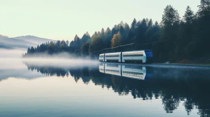 Gordijnen The train passes on a beautiful lake © JH45