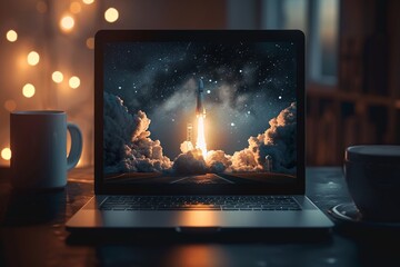 Overhead view of a laptop on a dark table, screen illuminating a detailed space rocket launch scene, coffee cup aside