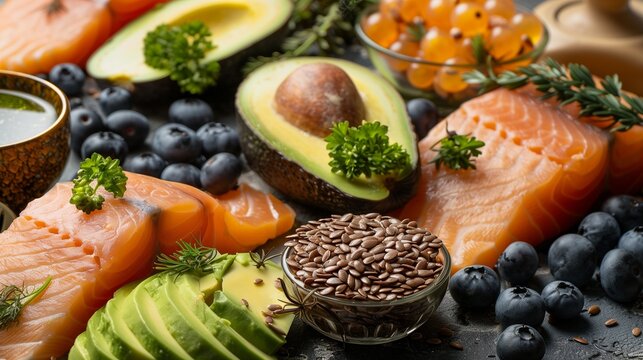 Elegant Spread of Heart-Healthy Foods with a Focus on Omega-3s and Antioxidants - Featuring a sophisticated arrangement of salmon, avocados, flaxseeds, and blueberries, this image embodies the essence