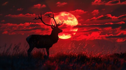 Red moon rising behind a graceful deer, a perfect blend of dark silhouettes and vibrant skies