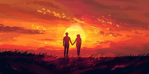 Couple holding hands, sunset view, romantic silhouette for Valentineâ€™s background