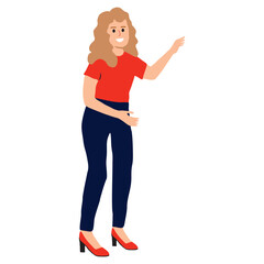 Ilustración de una mujer con la mano levantada señalando algo. Vector