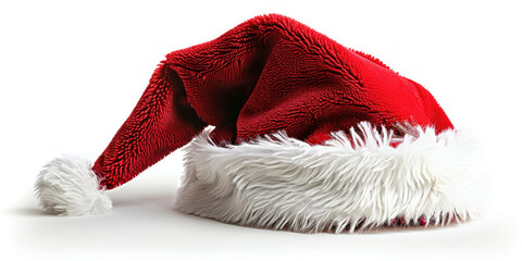Santa Claus hat on white surface with white background, festive Christmas accessory, holiday season concept