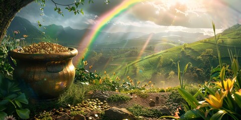 Pot of gold at rainbow's end, lush landscape, mythical theme for frame 
