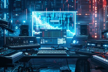 A virtual music studio with 3D sound engineering, holographic instruments, and livestreaming concert platforms , sci-fi tone, technology