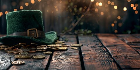 Leprechaun hat and gold coins, wooden surface, whimsical banner setup