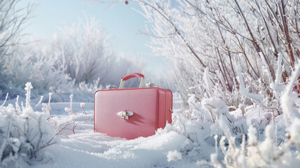 Amidst the serene winter landscape, a makeup artist's ruby red cosmetic bag adds a pop of color against a delicate pink suitcase, promising a journey of glamour and artistry.