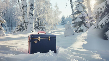 Amidst the snowy scenery, a makeup artist's navy blue cosmetic bag provides a sense of sophistication next to a soft pink suitcase, promising timeless beauty amidst nature's splendor.