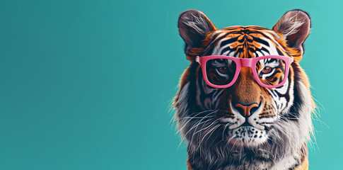 Tiger with pink glasses on blue background, copy space for text