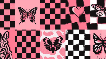 Y2k glamour pink seamless patterns. Backgrounds in trendy emo goth 2000s style. Butterfly, heart, chessboard, mesh, leopard, zebra. 90s, 00s aesthetic. Pink - obrazy, fototapety, plakaty