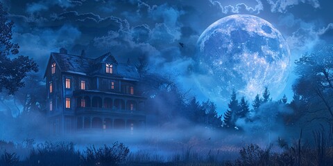 Full moon over haunted house, misty night, eerie Halloween banner backdrop