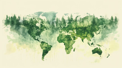 Artistic Representation of World Map with Trees Symbolizing Global Reforestation