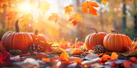 Autumn leaves and pumpkins, soft morning light, Thanksgiving banner backdrop 