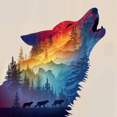 Design for t-short. Realistic wolf howl silhouette transition to sheer mountains that look like a wolfs head.  - obrazy, fototapety, plakaty