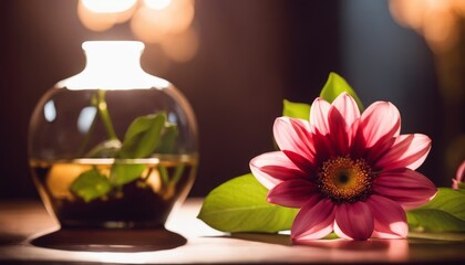 A single pink flower is elegantly placed beside a fishbowl vase, bathed in the warm glow of ambient light creating a serene atmosphere.