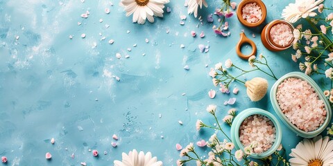Spa essentials, serene blue backdrop, relaxing vibe for Mother's Day frame  - obrazy, fototapety, plakaty