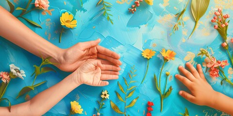 Obraz na płótnie Canvas Mother and child hands, planting flowers, nurturing theme for banner background 
