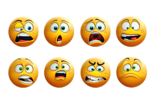 The six emoji have different expressions, from angry, sad, and happy. The yellow color of the faces enhances the overall mood of the image. Generative AI