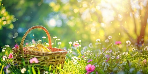 Picnic basket on spring meadow, vibrant and cheerful, for Mother's Day frame 