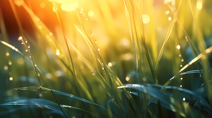 Stunning close-up of sun kissed grass blades - obrazy, fototapety, plakaty
