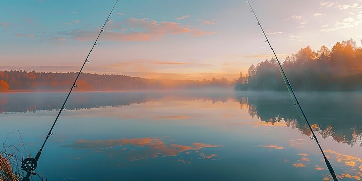 Fishing rods at dawn, serene lake backdrop, panoramic view for Father's Day banner