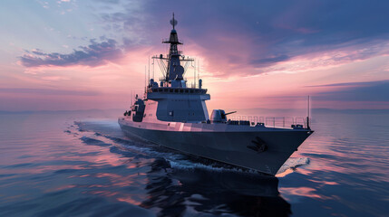 3D visual of Thai destroyer ship at twilight with reflection on serene water - obrazy, fototapety, plakaty