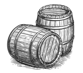 Wood barrels for alcoholic beverages. Oak kegs with wine or beer. Hand drawn engraving style illustration