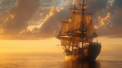 Grand 15th-century warship captured at golden hour with sunlight reflecting on calm seas and clouds above