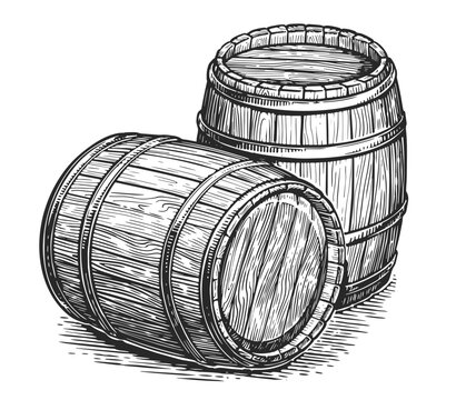 recommend clip art: Wood barrels for alcoholic beverages. Oak kegs with wine or beer. Hand drawn engraving style illustration