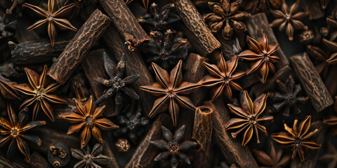Various aromatic spices and star anise on a dark background for culinary and cooking concept