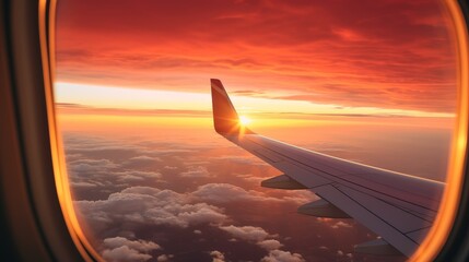 View from an airplane window while flying at sunset 