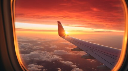 Fototapeta premium View from an airplane window while flying at sunset 