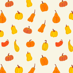 Pumpkin halloween thanksgiving  seamless  pattern, cute cartoon pumpkins hand drawn background. Design for wallpaper, wrapping paper, background, fabric. 
