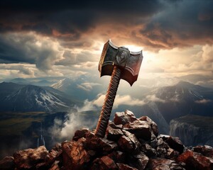 Mighty hammer standing atop a mountain peak in a raging thunderstorm, lightning striking behind him - obrazy, fototapety, plakaty