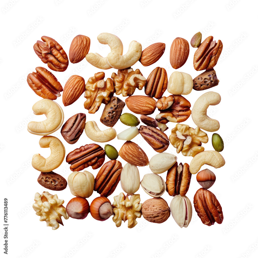 Poster close up of various nuts on a transparent background