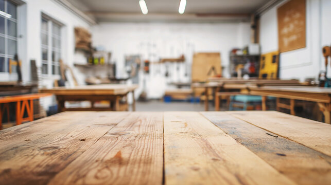 Rustic wooden table in a carpentry workshop with blurred background of workbenches and tools Selective focus on the table surface