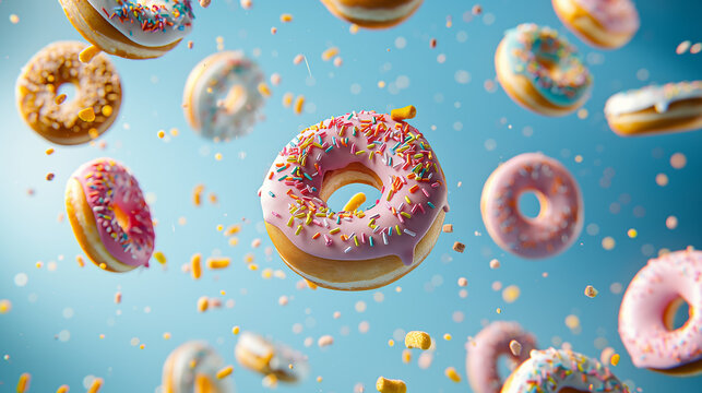 A vibrant, playful image of assorted colorful doughnuts with sprinkles suspended in mid-air, depicting motion