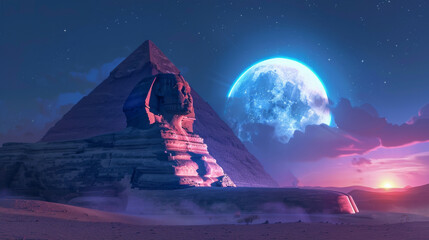 A fantasy version of ancient Egypt where the Sphinx comes to life under the neon moon, its riddles a test for the worthy - obrazy, fototapety, plakaty